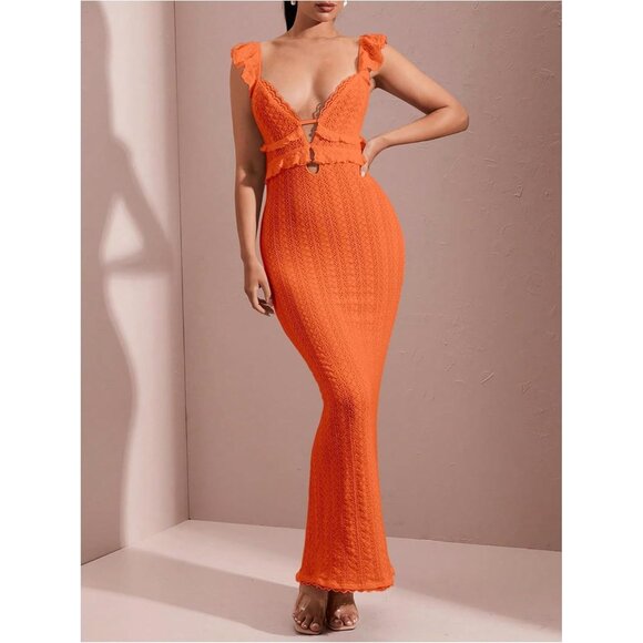 Women Solid Orange Crochet Ruffle Sleeveless Bodycon Long Maxi Dress - Picture 5 of 5